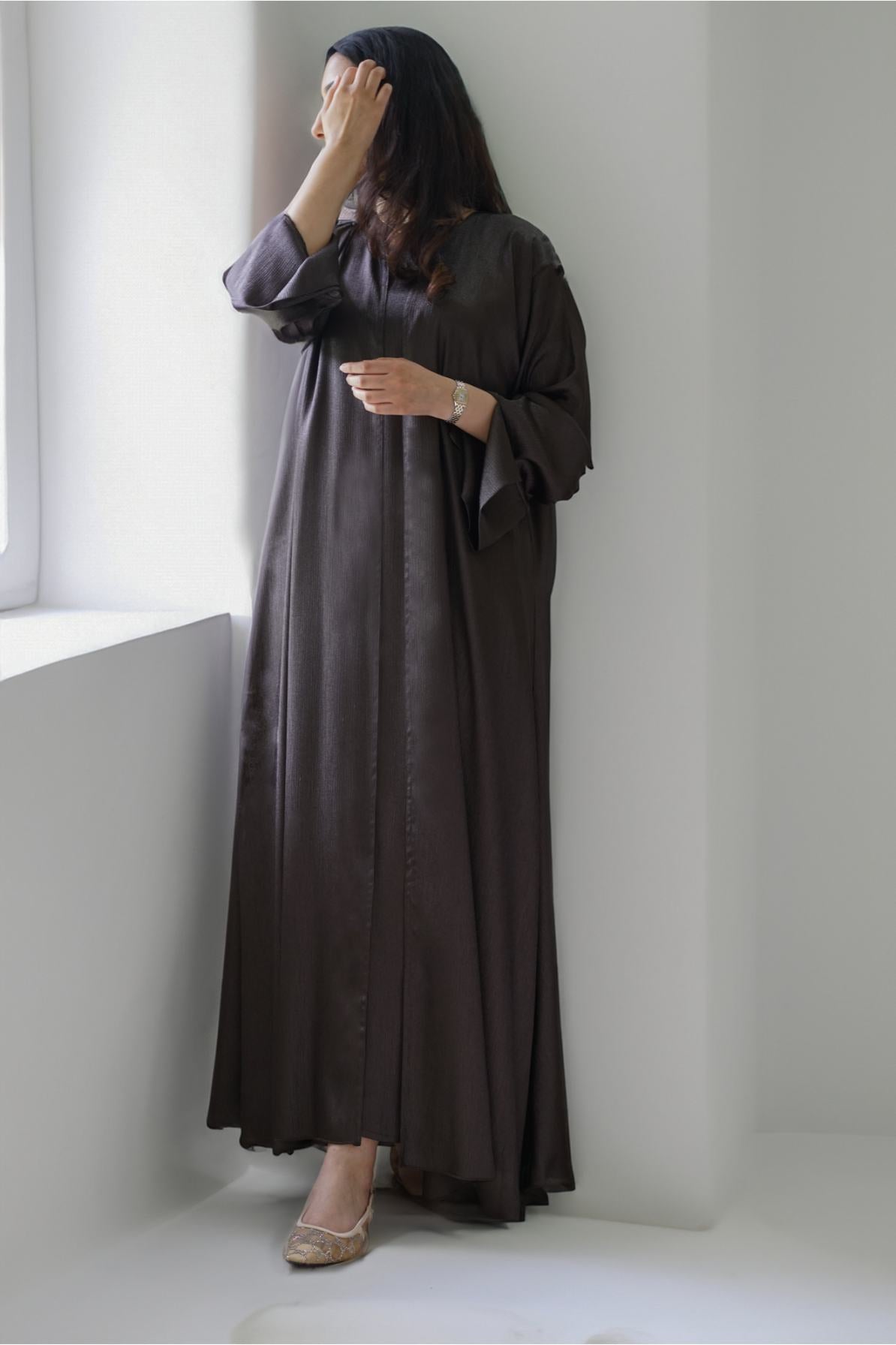 Luxe Malikah Satin Silk  Abaya - Brown